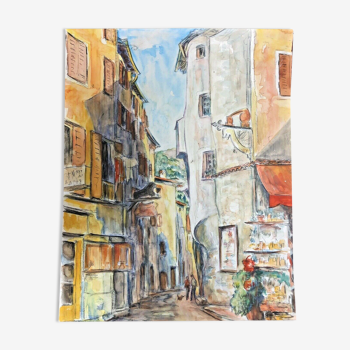 Aquarelle ancienne, Saint-Paul de Vence, rue portail-levis