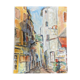 Aquarelle ancienne, Saint-Paul de Vence, rue portail-levis