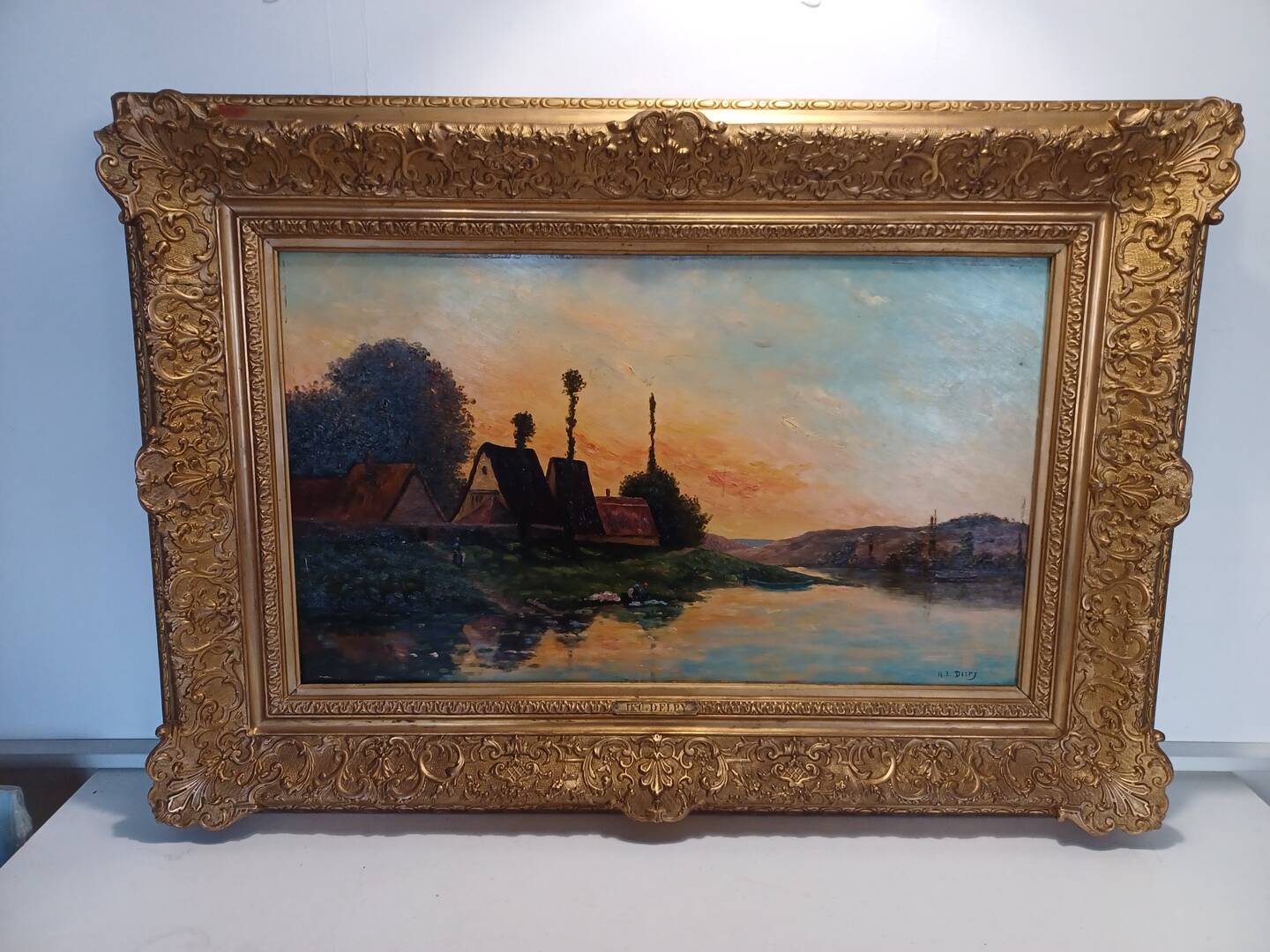 Large painting by Henry Jacques Delpy, Banks of the Seine at Dusk. Early 20th century.