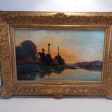 Grand tableau de henry jacques delpy, bord de seine au crepuscule. debut xx ème siècle.