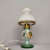 French country 1960s rustic green ceramic and glass vintage table lamp