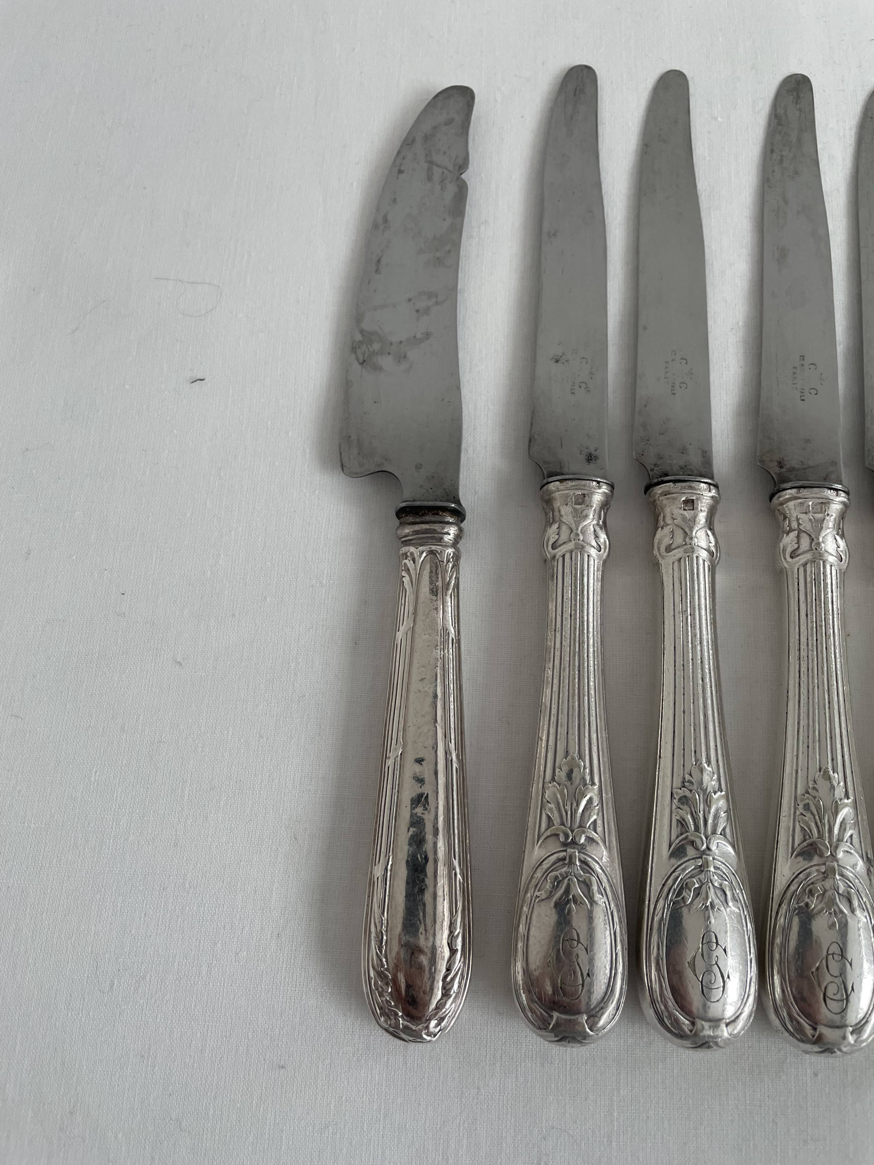 Knife set, Charles Christofle, silver plated metal, Art Nouveau, plant decoration, cheese, large
