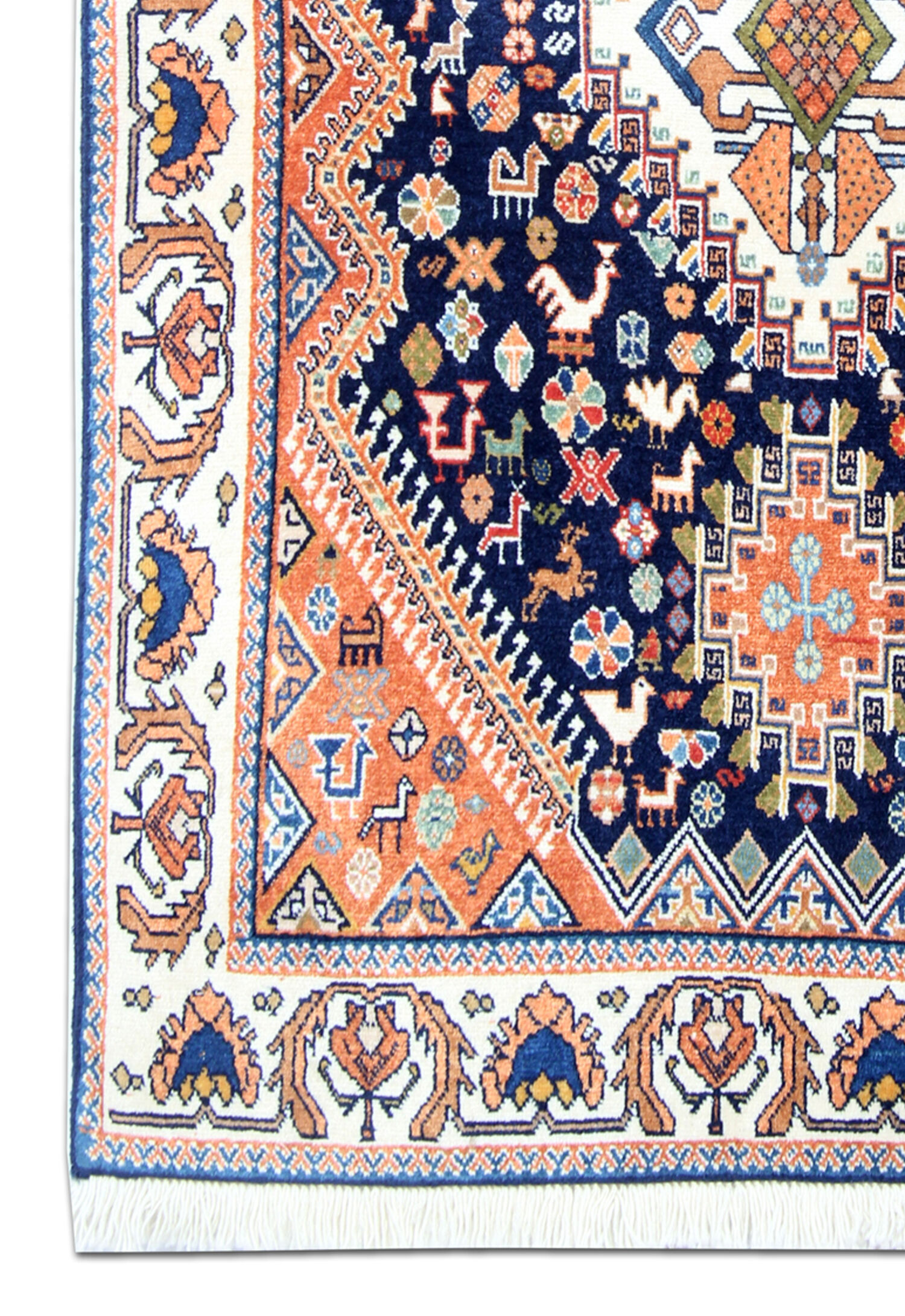 Small Fine Wool Medallion Area Rug Traditional Orange Blue Tribal Carpet- 52x125cm