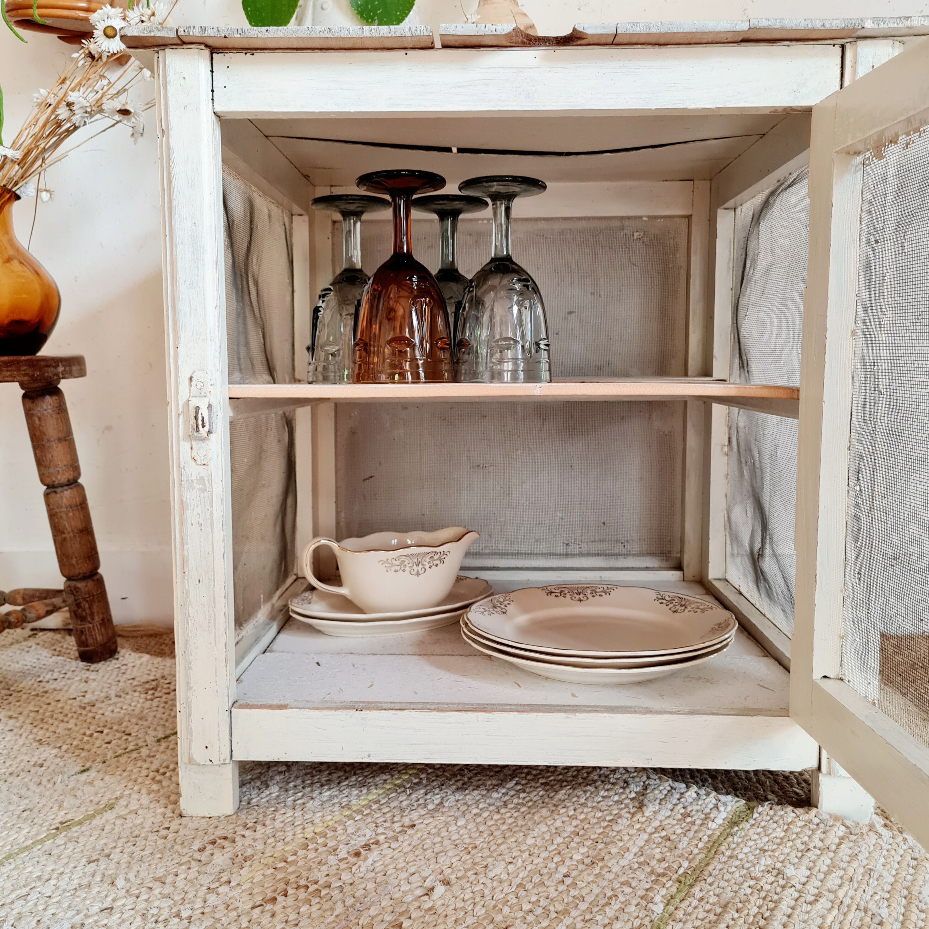 Wooden pantry and white mesh