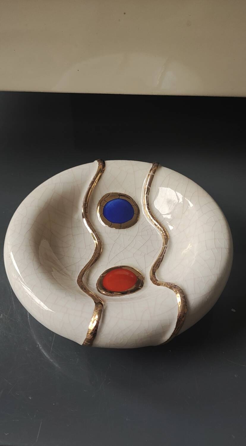 Round beige ashtray in crackled earthenware from Longwy/signed