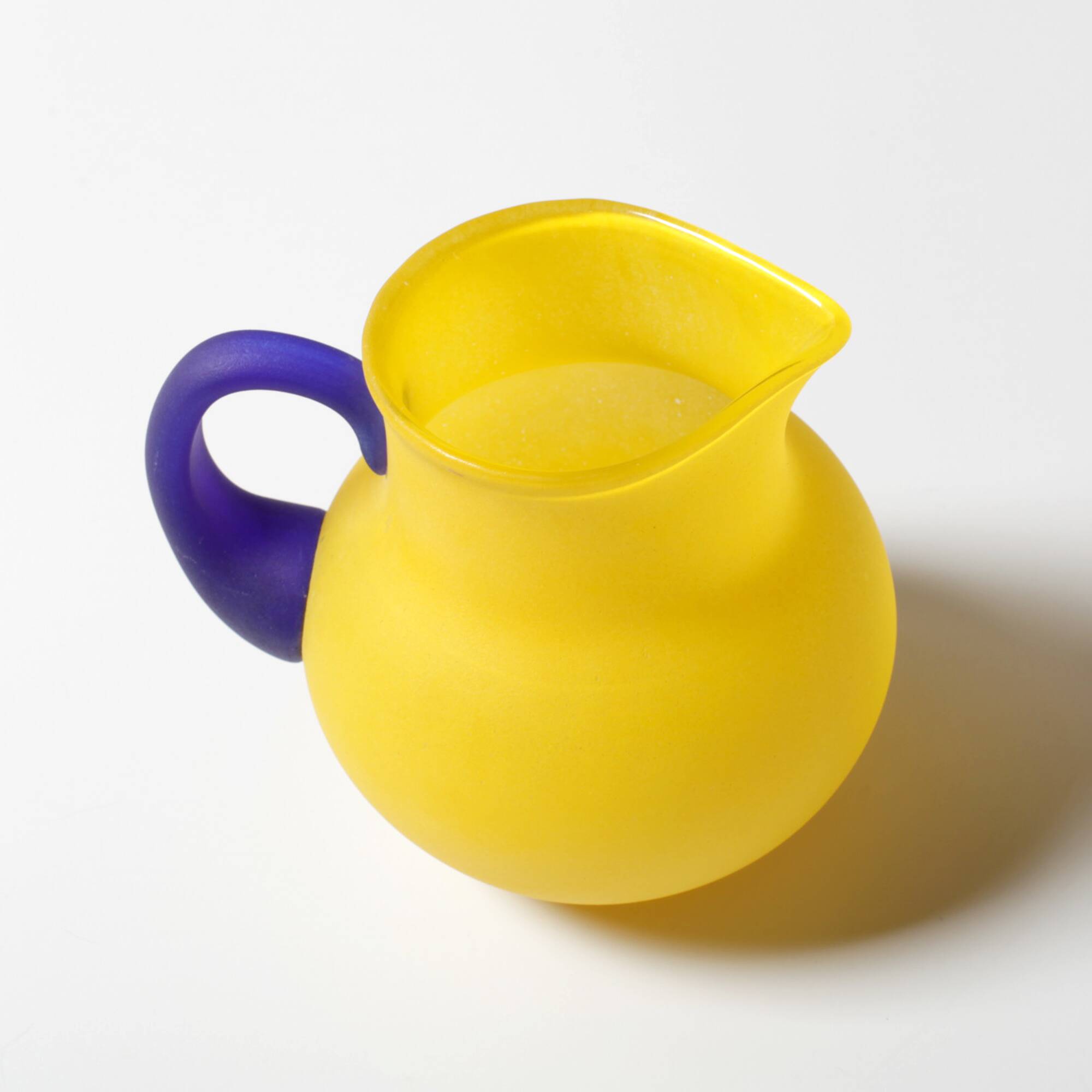 Small Vintage Frosted Glass Yellow and Blue Pitcher / Kosta Boda / Sweden /