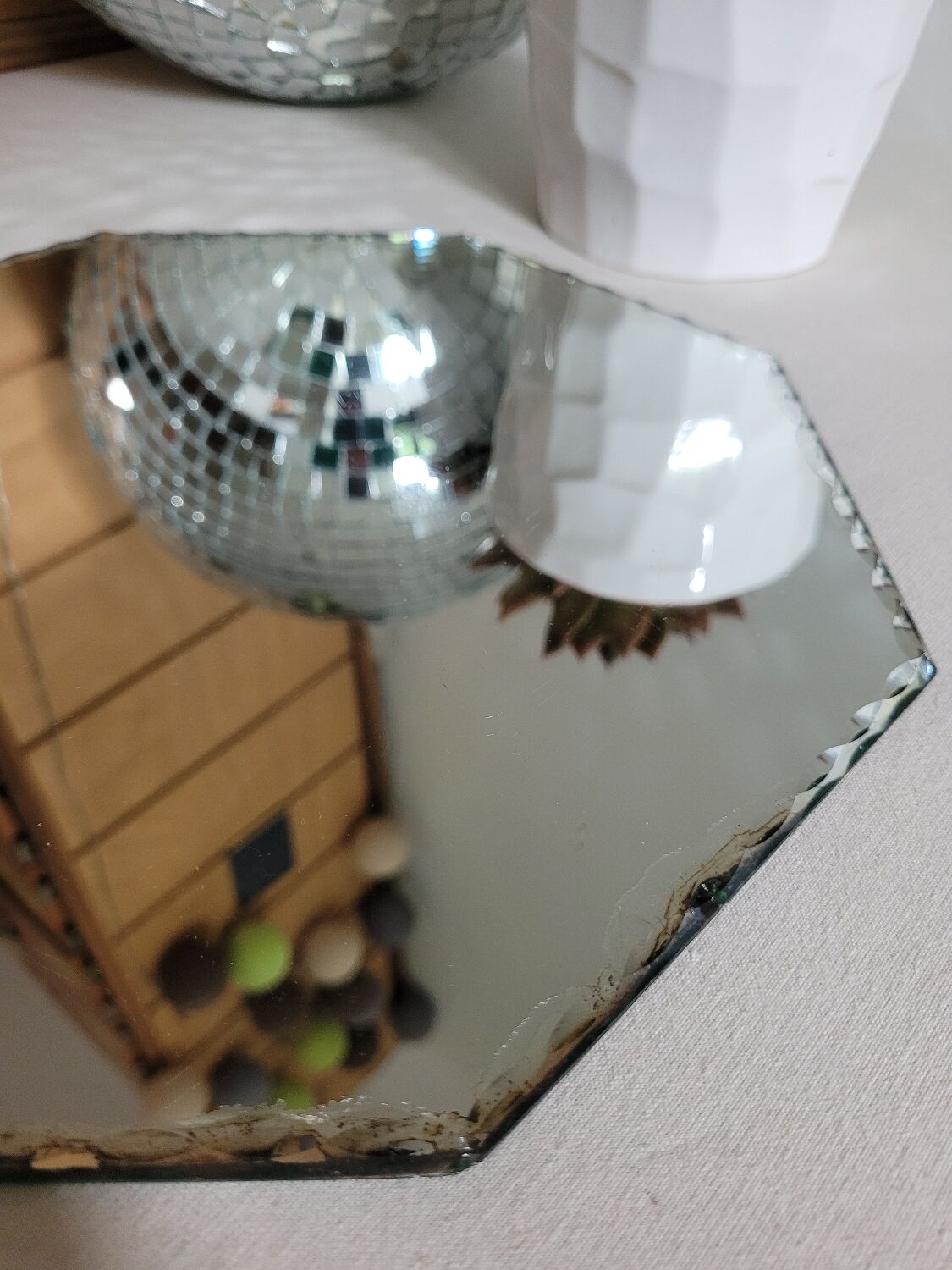 Hexagonal tabletop mirror with bevelled edge