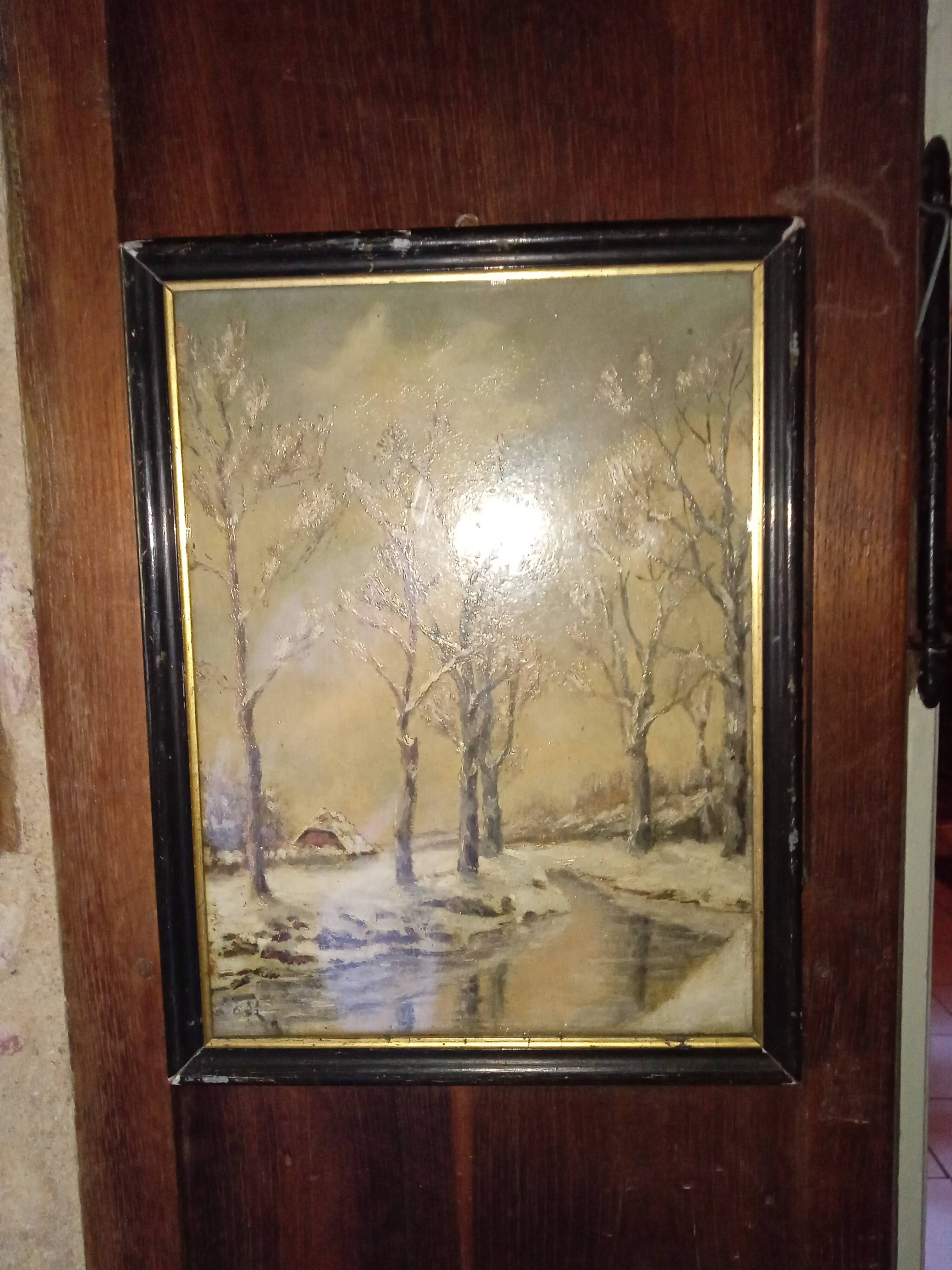 Old framed painting, oil "Wood under the snow", signed