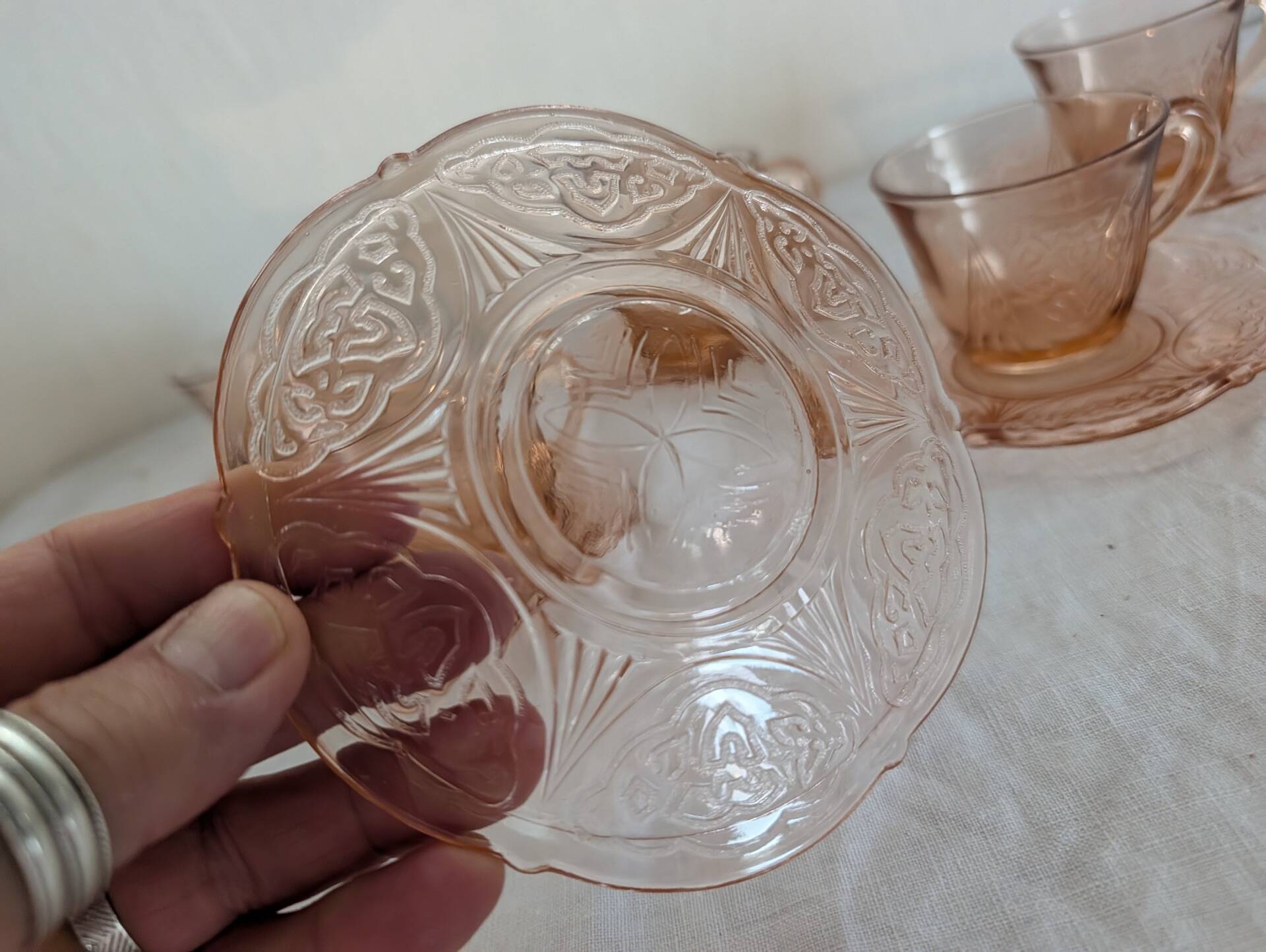 Art Deco pink glass coffee service from the 1930s.