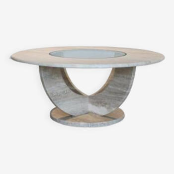 Round travertine and glass coffee table, Italy, 1970.