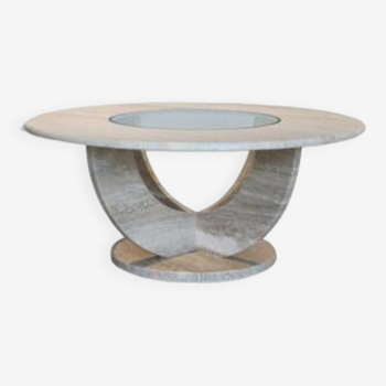 Table basse ronde travertin et vitre, Italie, 1970.