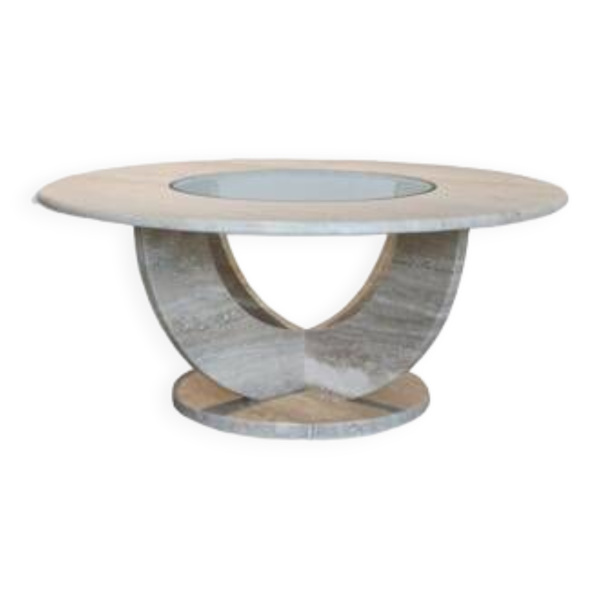 Table basse ronde travertin et vitre, Italie, 1970.