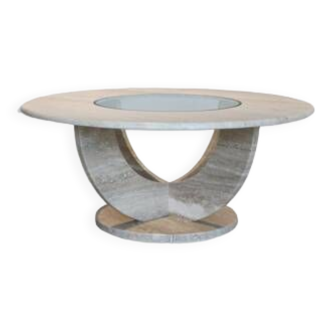 Round travertine and glass coffee table, Italy, 1970.