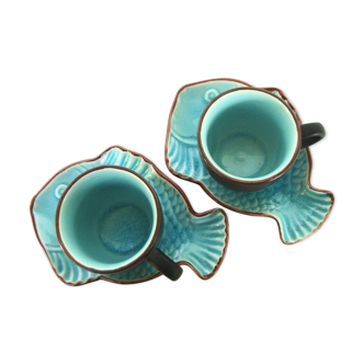 Paire de tasses à expresso et soucoupes poissons