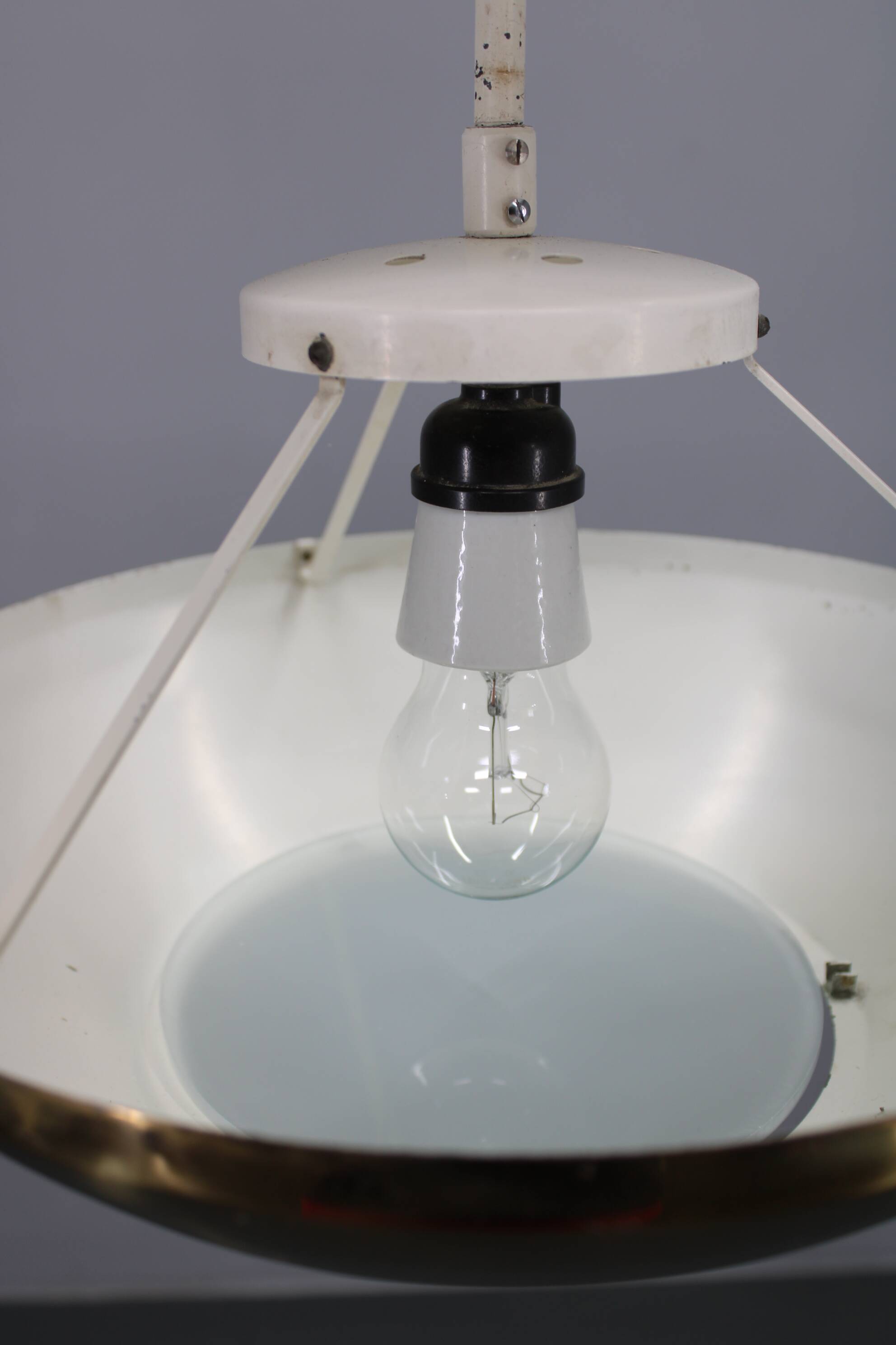 1950s Czechoslovak brass pendant with opaline glass diffuser