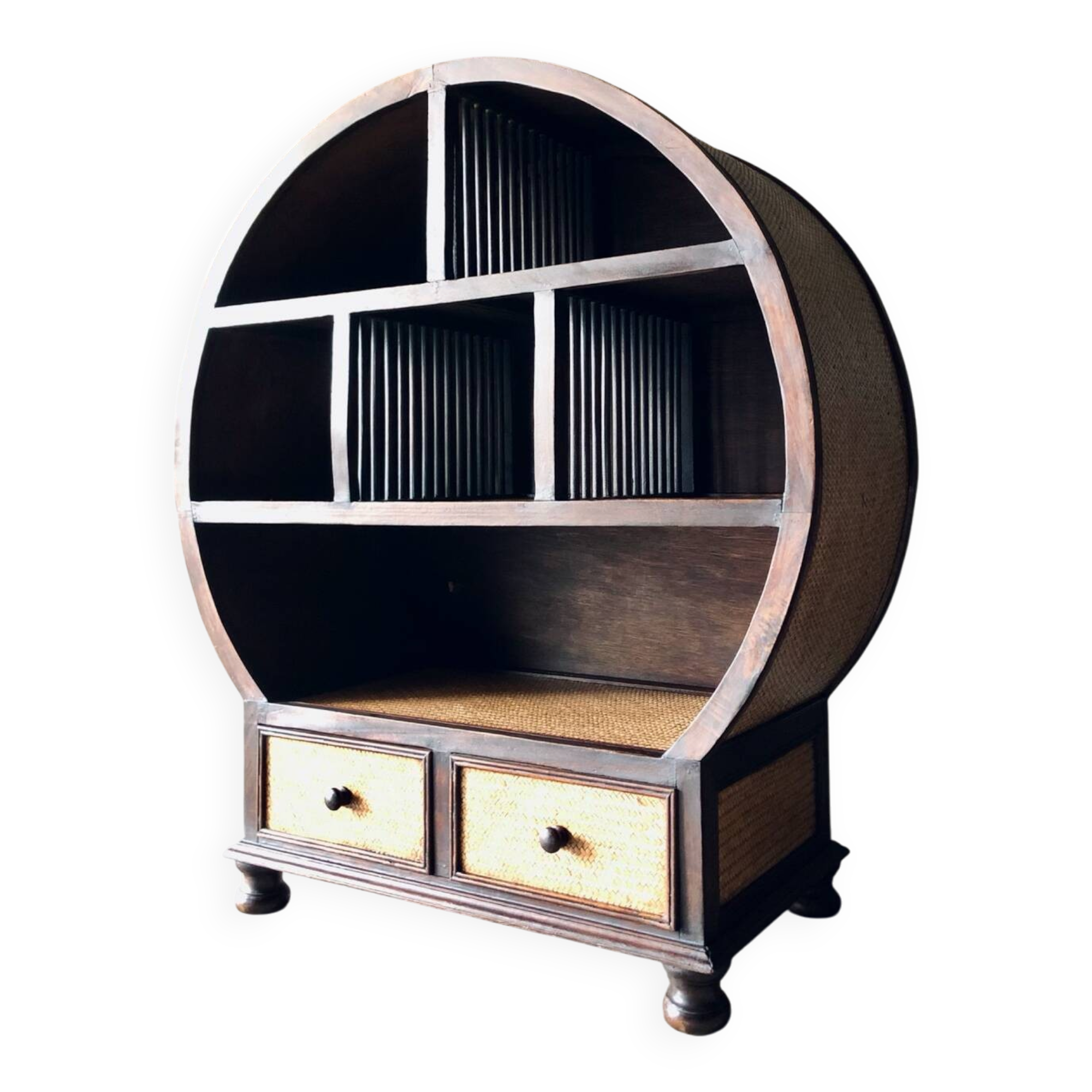 Vintage round cabinet in rattan and acacia