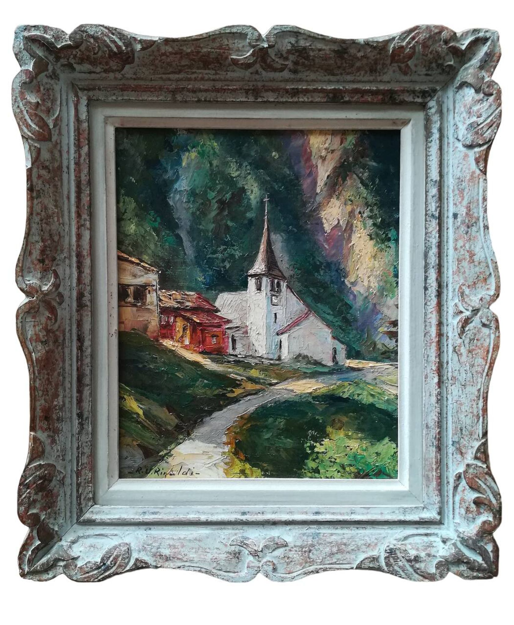 Oil on canvas landscape church of RU Rinaldi 20th century