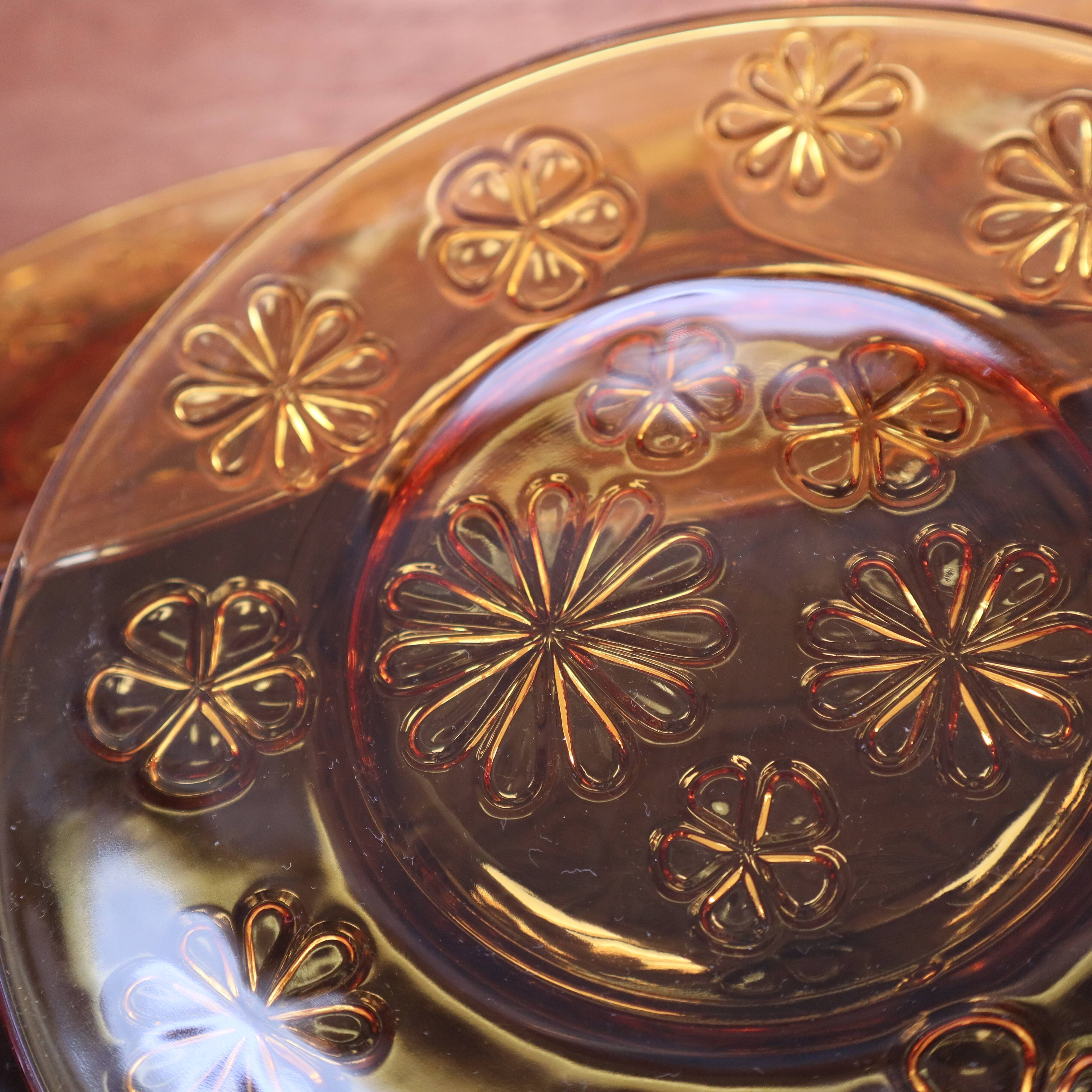 6 vintage floral amber glass dinner plates Vereco 70's
