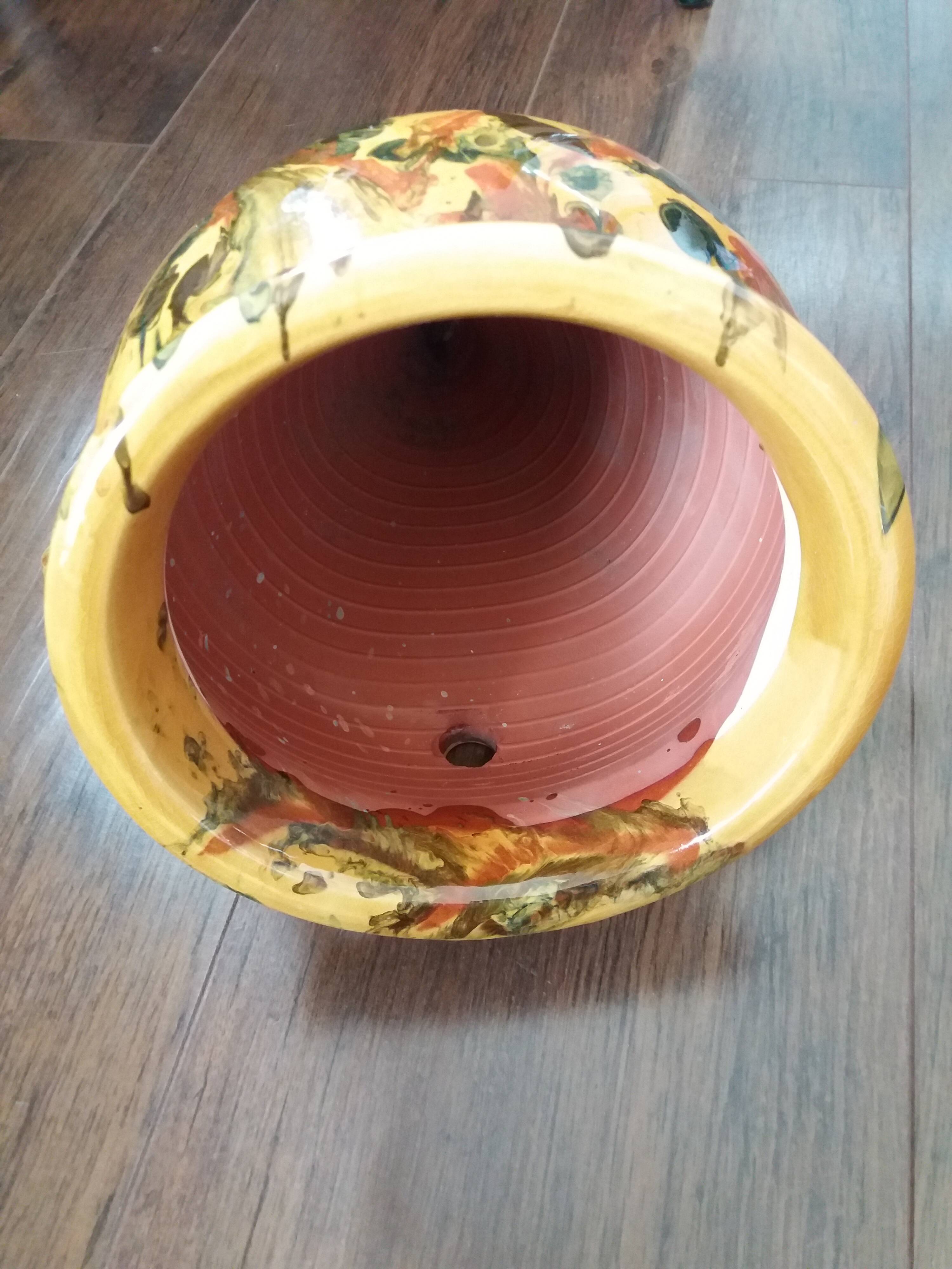 Pot jarre en terre cuite, jaspé, poterie provençale ou catalane à suspendre