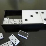 Complete set of miniature dominoes in black and white box.