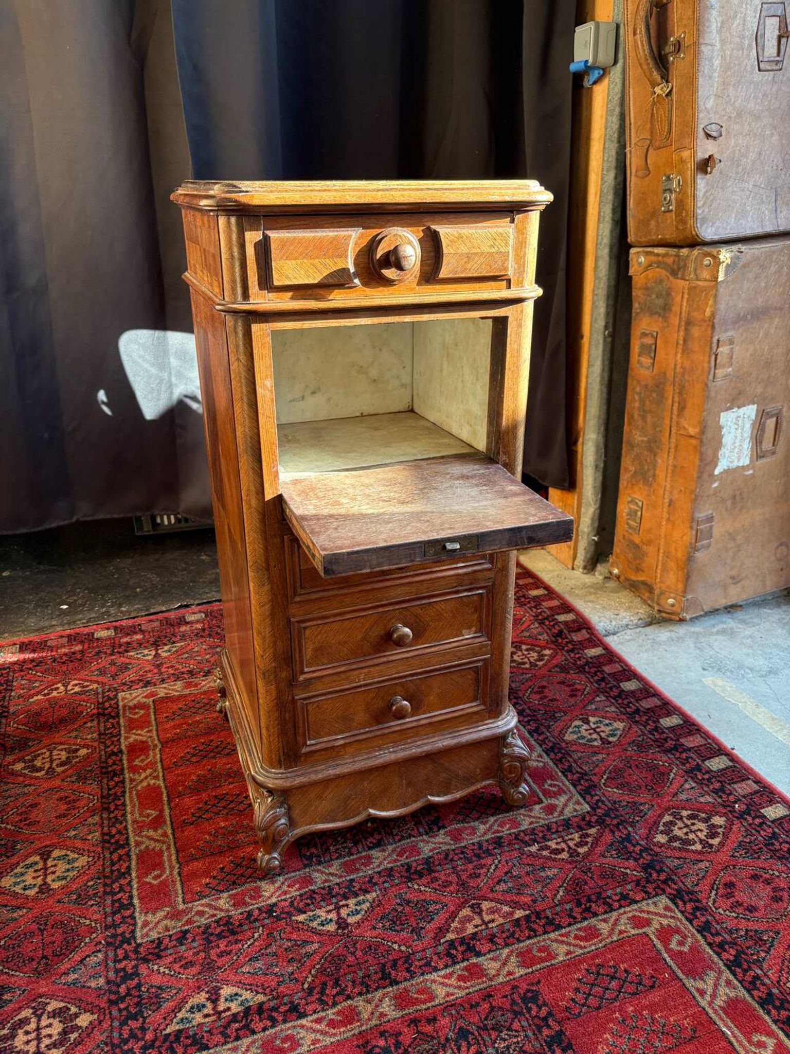 Antique Louis XV style bedside table, marble niche, marquetry, late 19th century