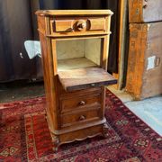 Antique Louis XV style bedside table, marble niche, marquetry, late 19th century