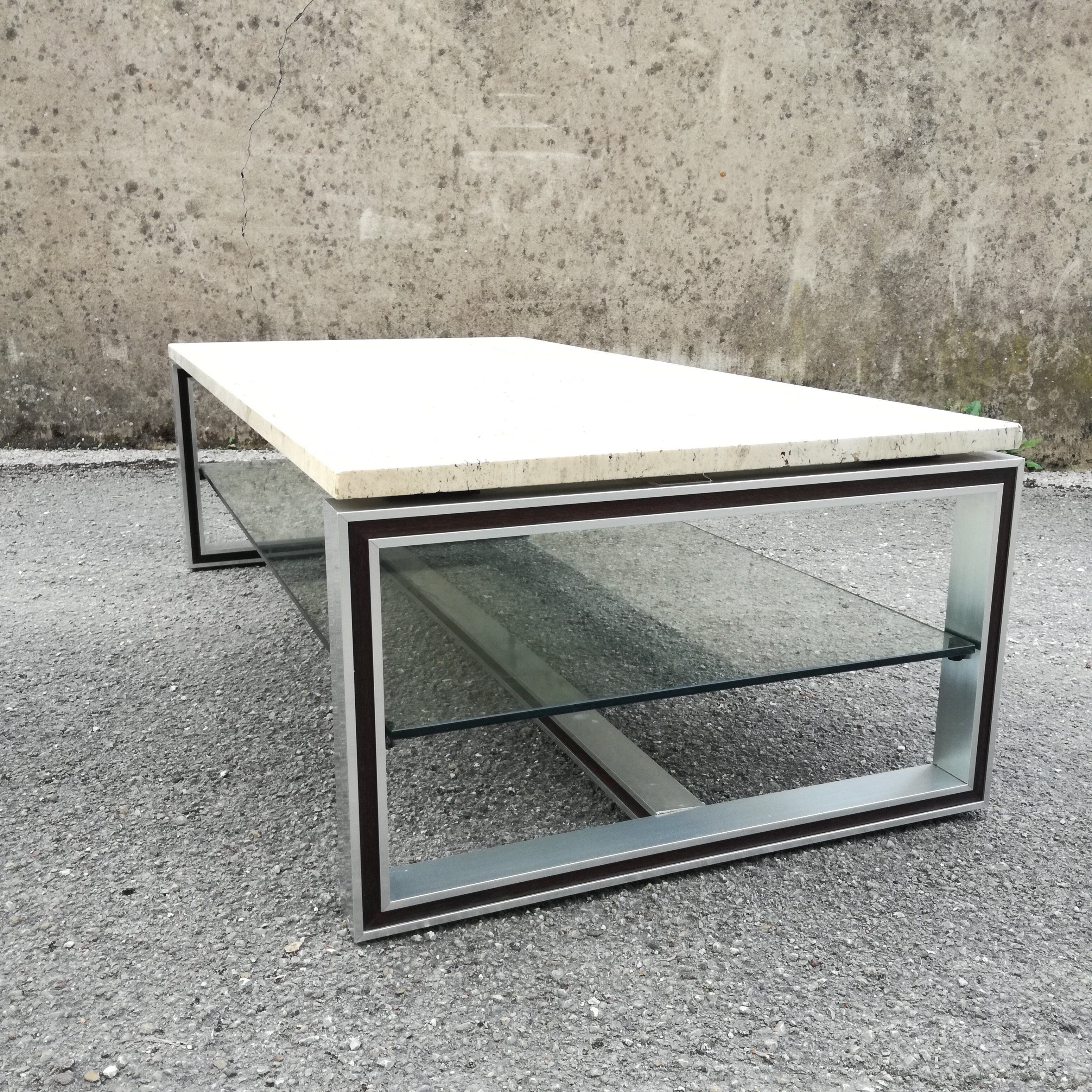 Rectangular coffee table in travertine, glass and aluminium L120