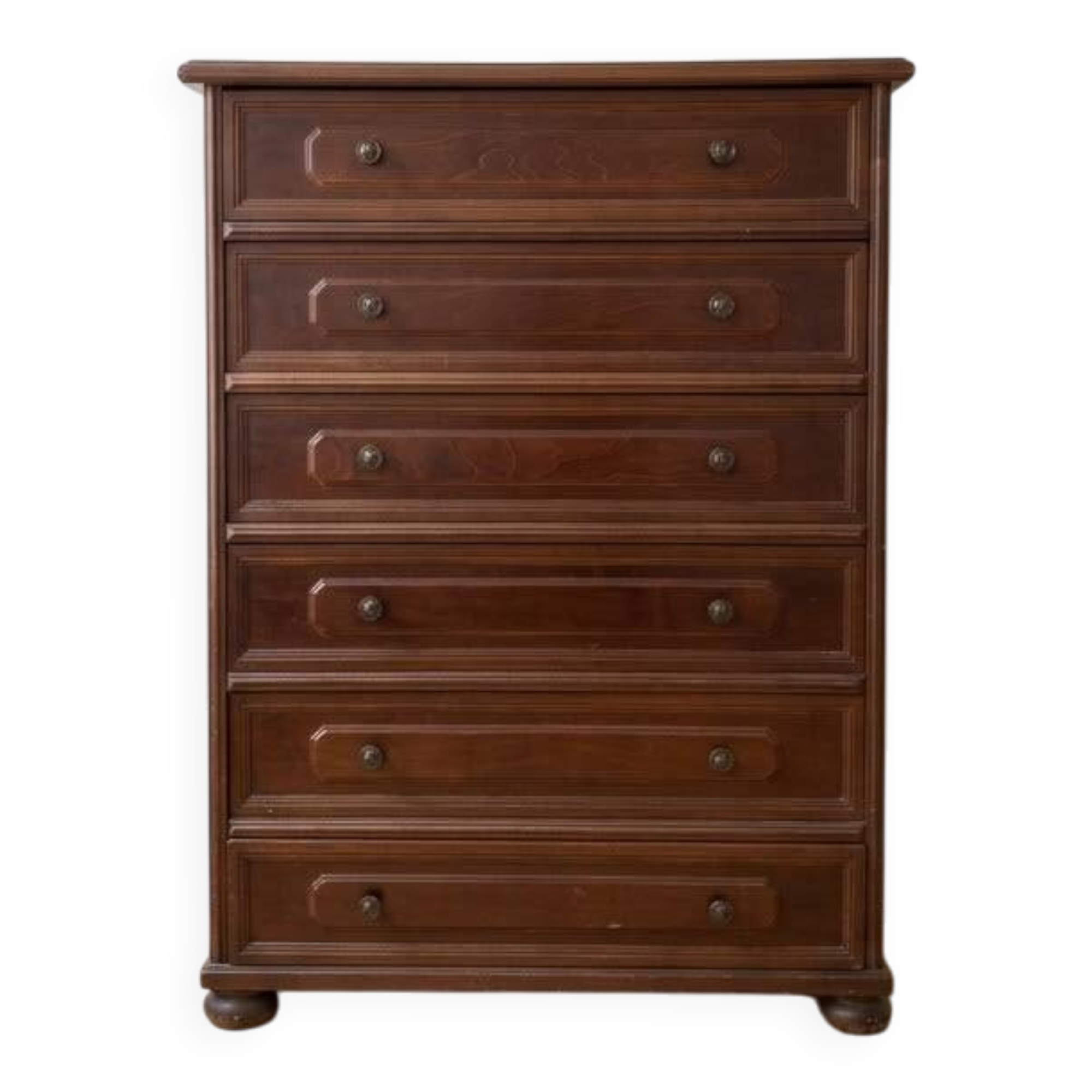 Brown antique-style wooden chest of drawers with 6 drawers.
