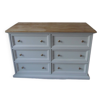 Pearl gray patinated 6-drawer chest of drawers, wooden top.