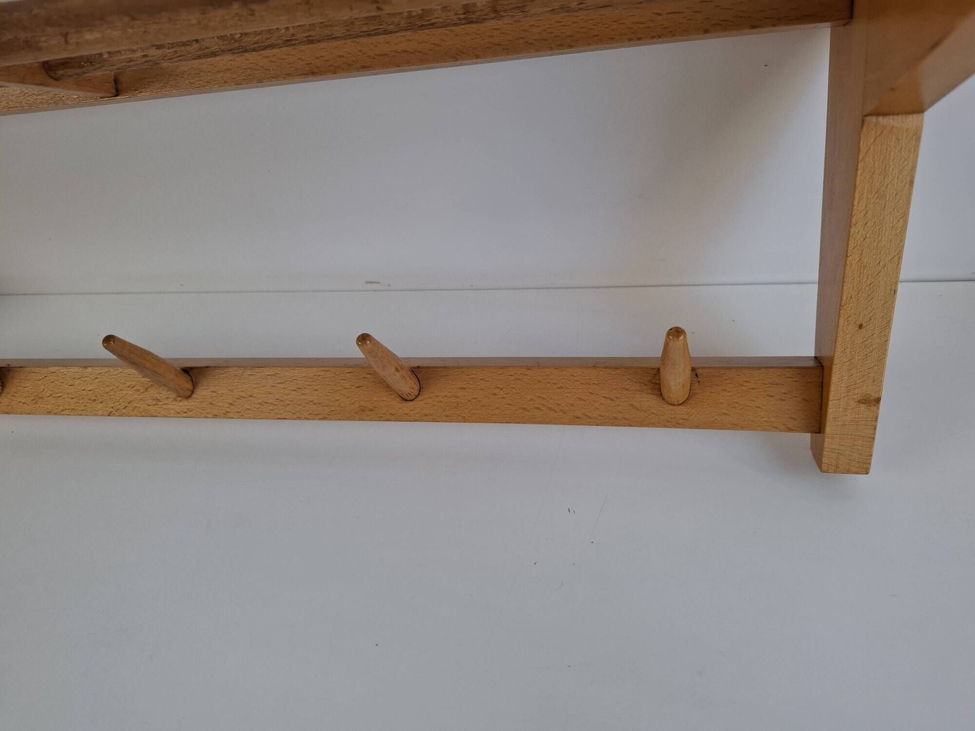 Uluv czechoslovakian mid-century wooden wall coat rack with shelf, 1970