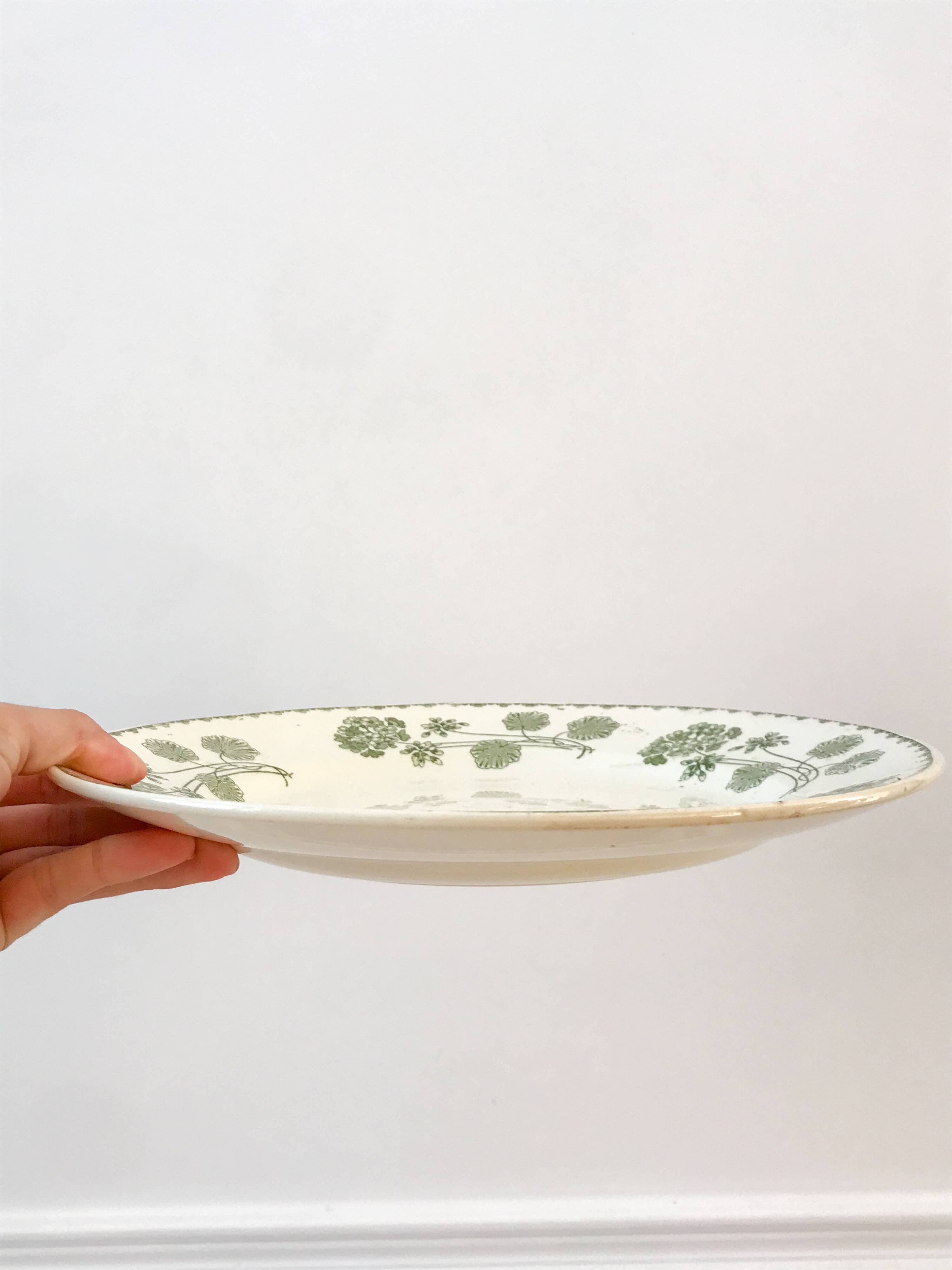 round dish in Digoin Sarreguemines iron clay model "Geranium" green late 19th century