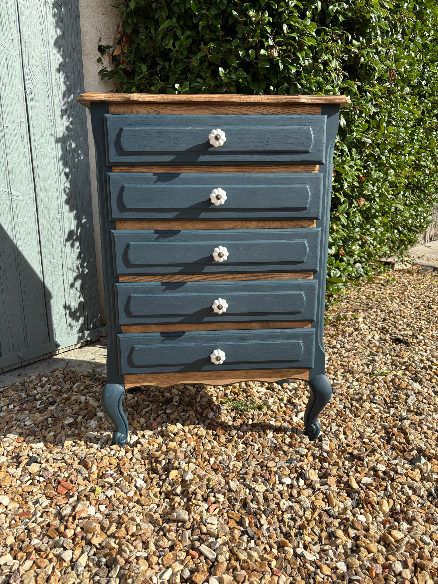Revamped 5-drawer chest - Prussian Blue & Wood / Louis XV Style