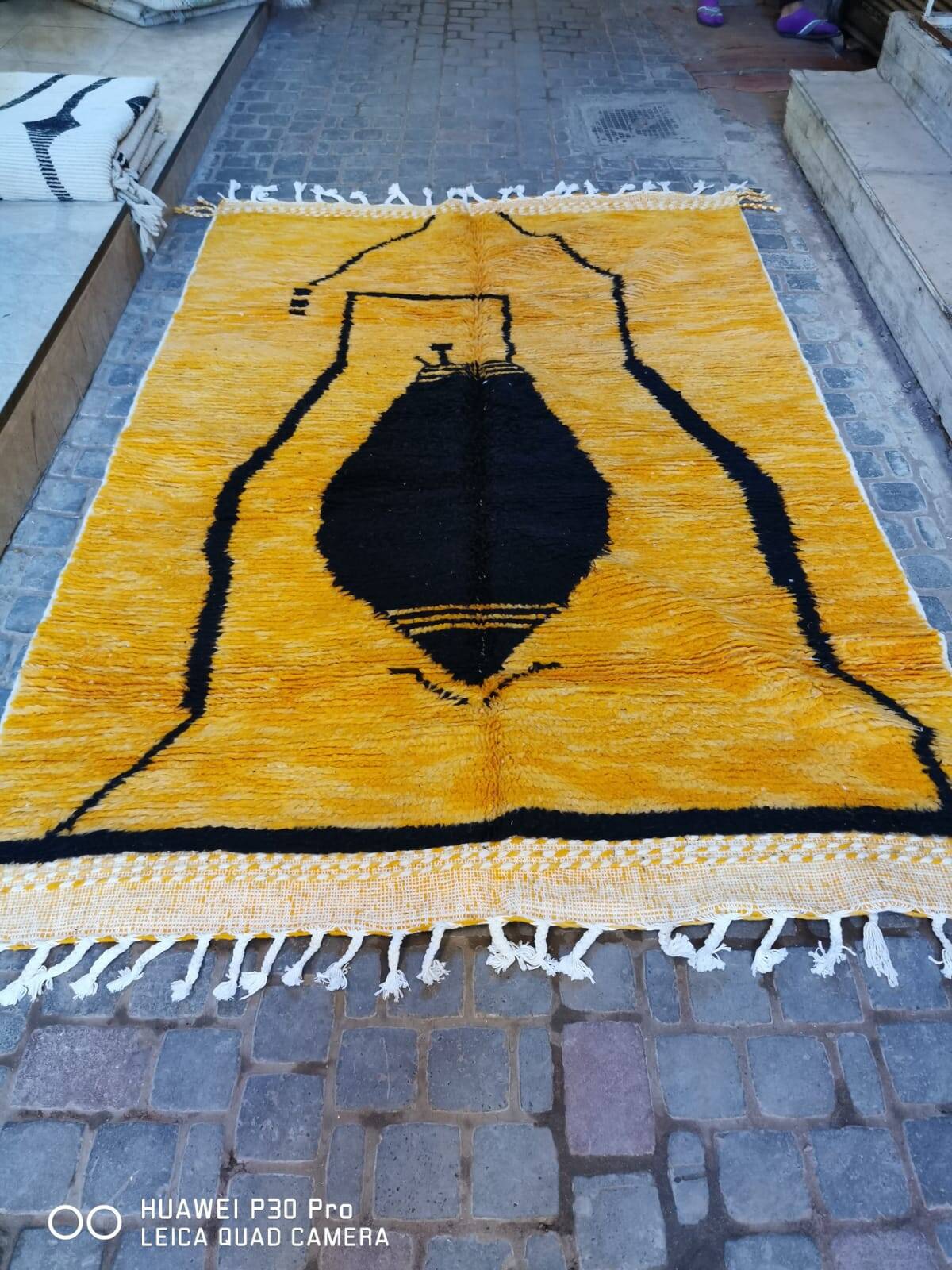 Mustard and black Berber rug 250/150 cm