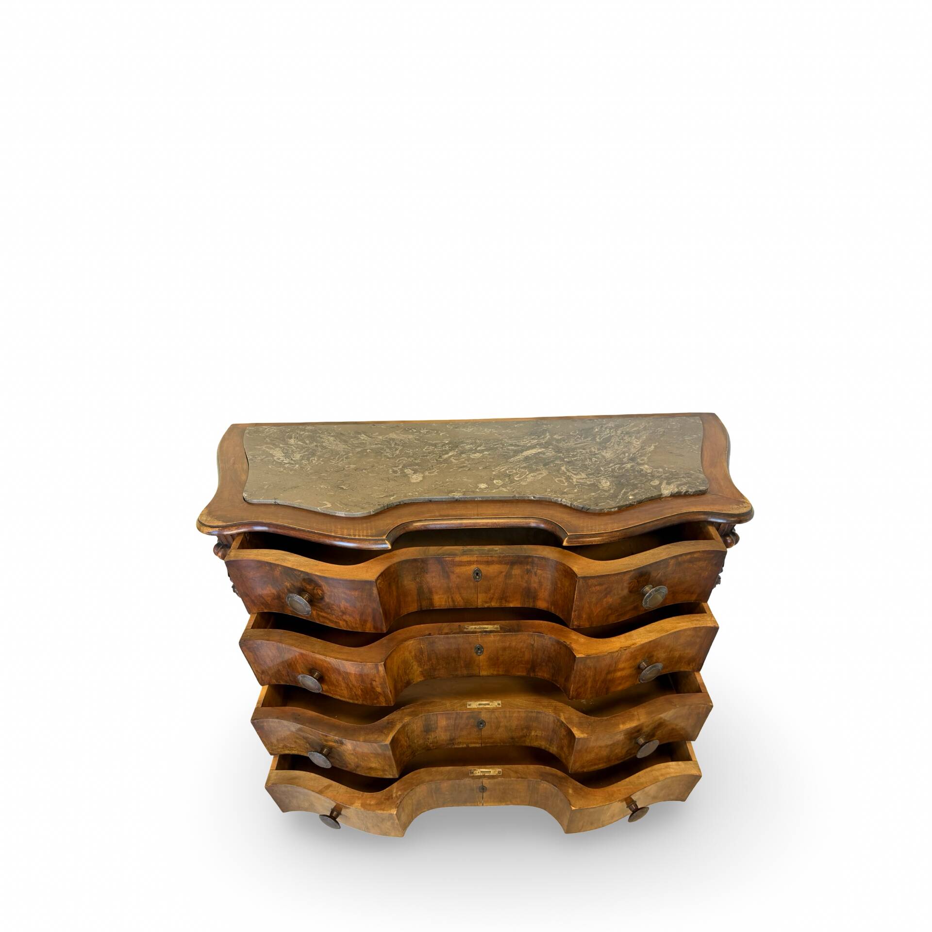 serpentine commode in antique walnut