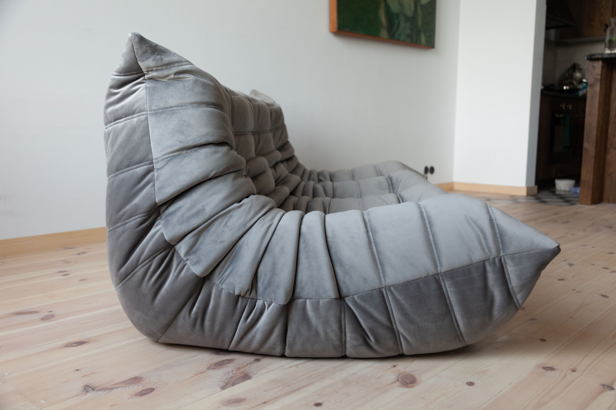 3 seater Togo grey velvet sofa designed by Michel Ducaroy 1973