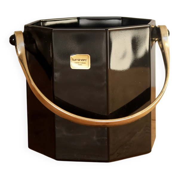 Seau à glace vintage Luminarc verre noir avec poignée en métal doré