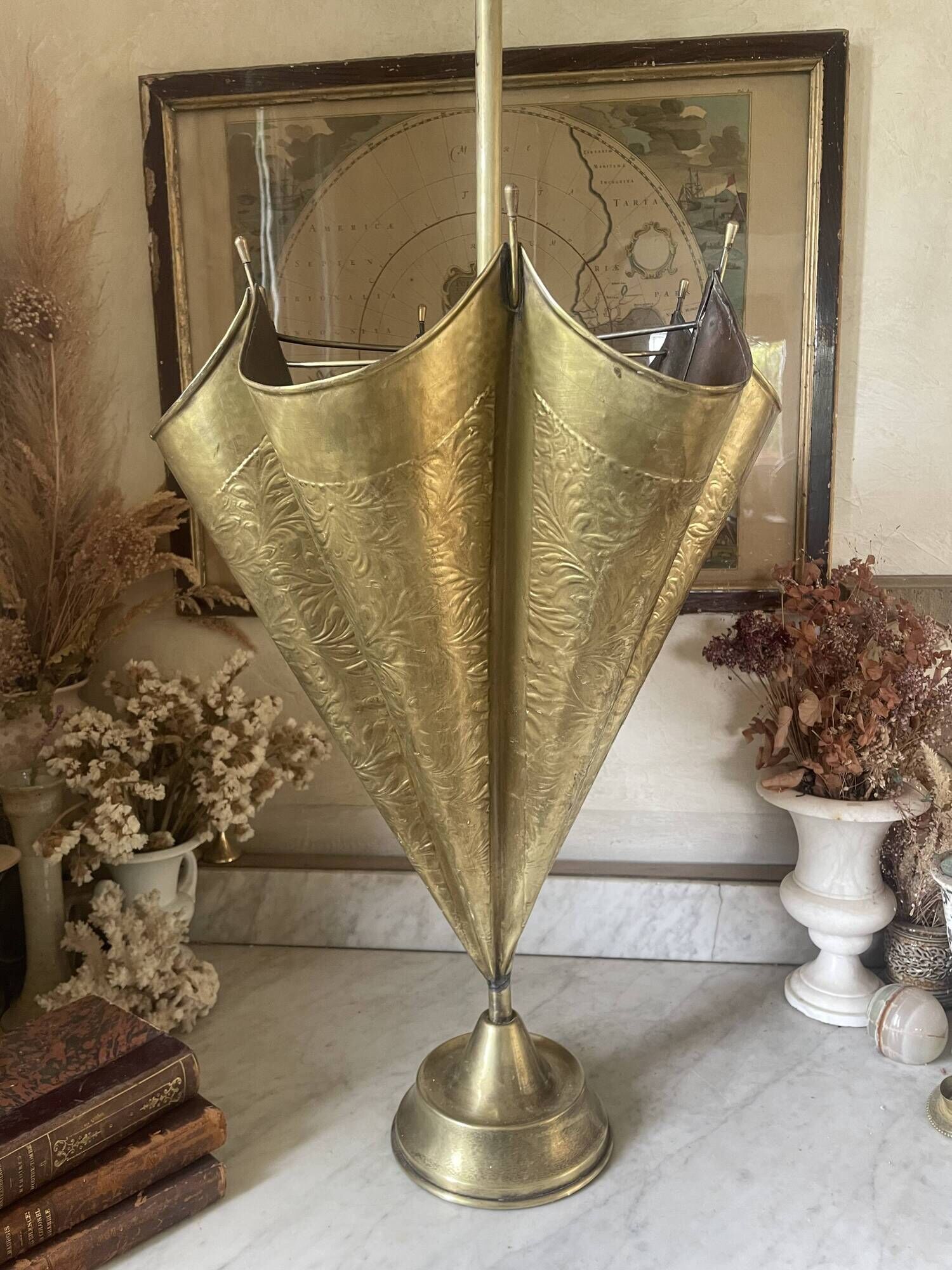 Antique repoussé brass umbrella stand