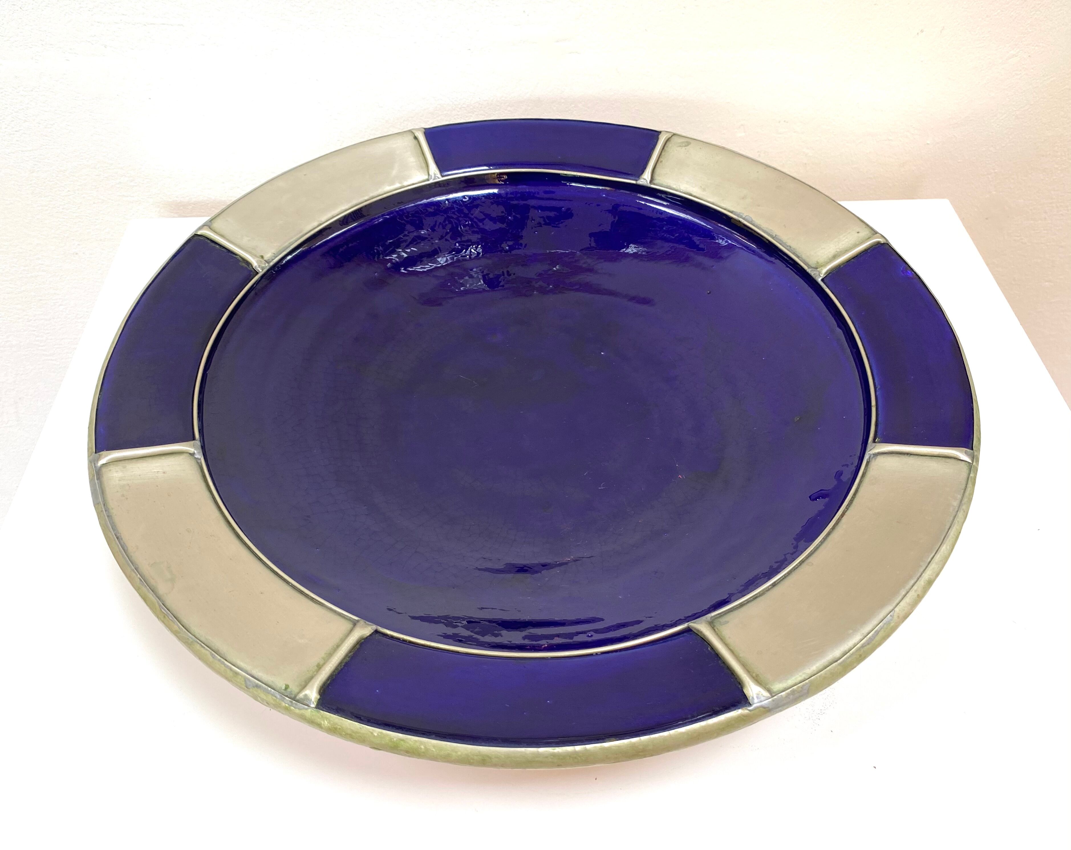 Large hollow plate in blue ceramic from Morocco