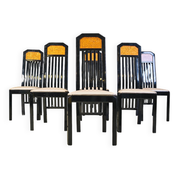 Vintage burl wood and lacquer dining chairs, 1980s