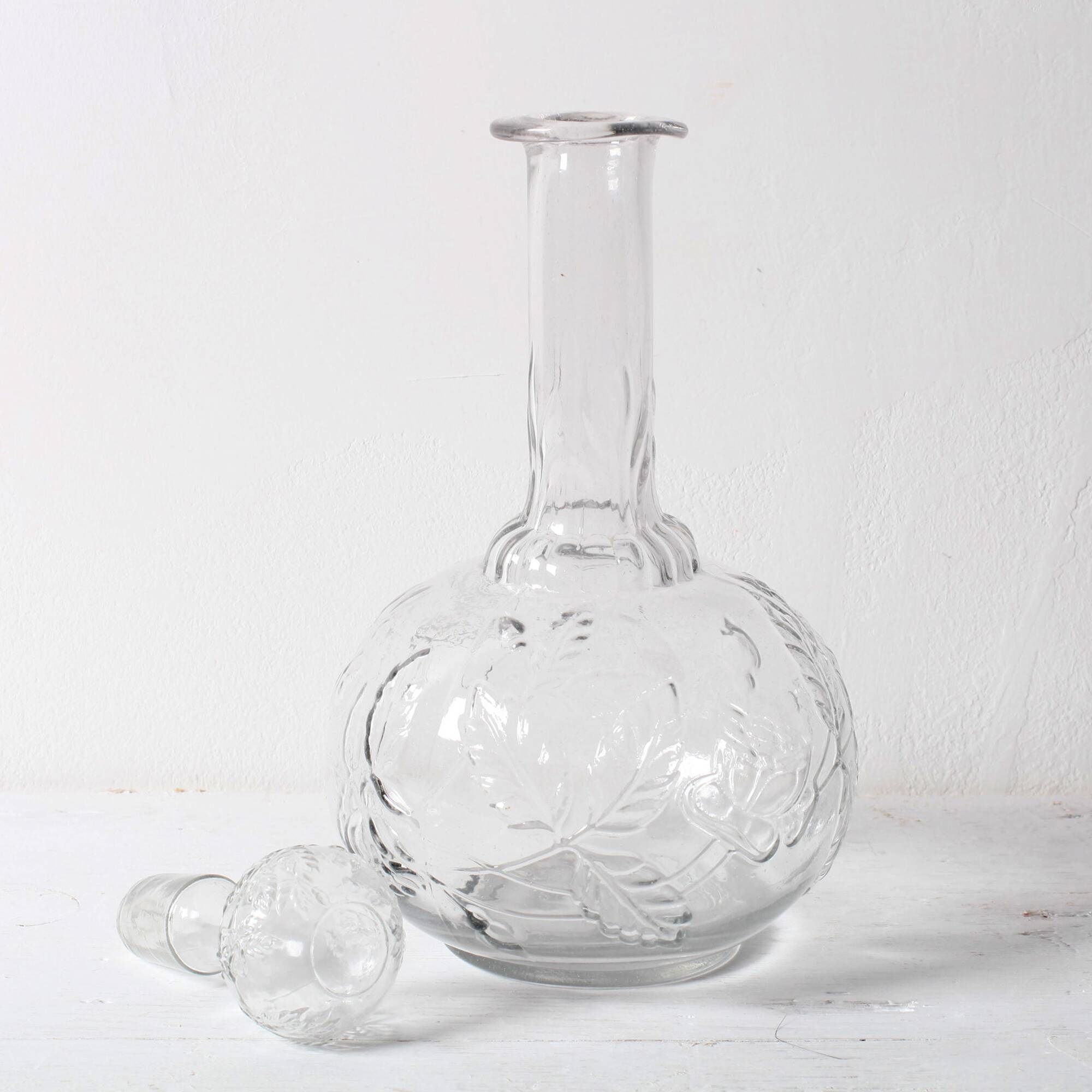 Vintage Glass Decanter: Roses Patterned Wine Carafe, Empoli Italy 1950s