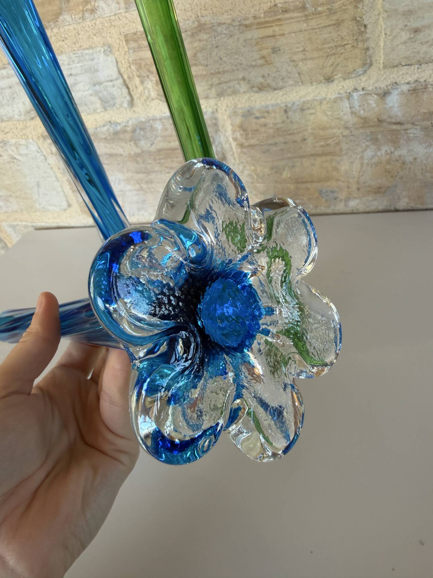 Trio de soliflore vase Murano vintage – verre soufflé bleu & vert – It