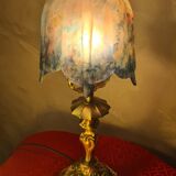 Antique art nouveau bronze lamp with tinted glass shade, 43x16