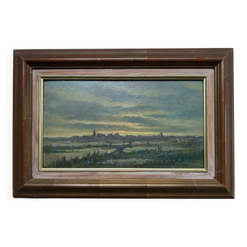 Village at Dusk, Oil on cardboard, 20th Century School