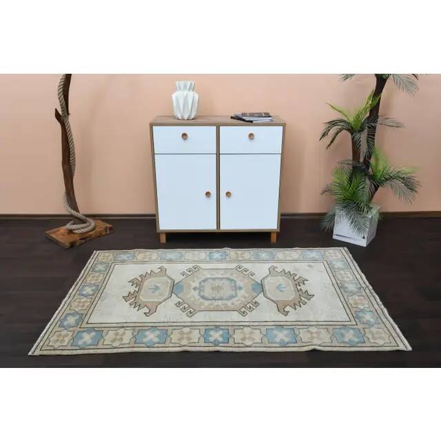 1970s Vintage Turkish Oushak Handmade  Beige Area Rug 113x192