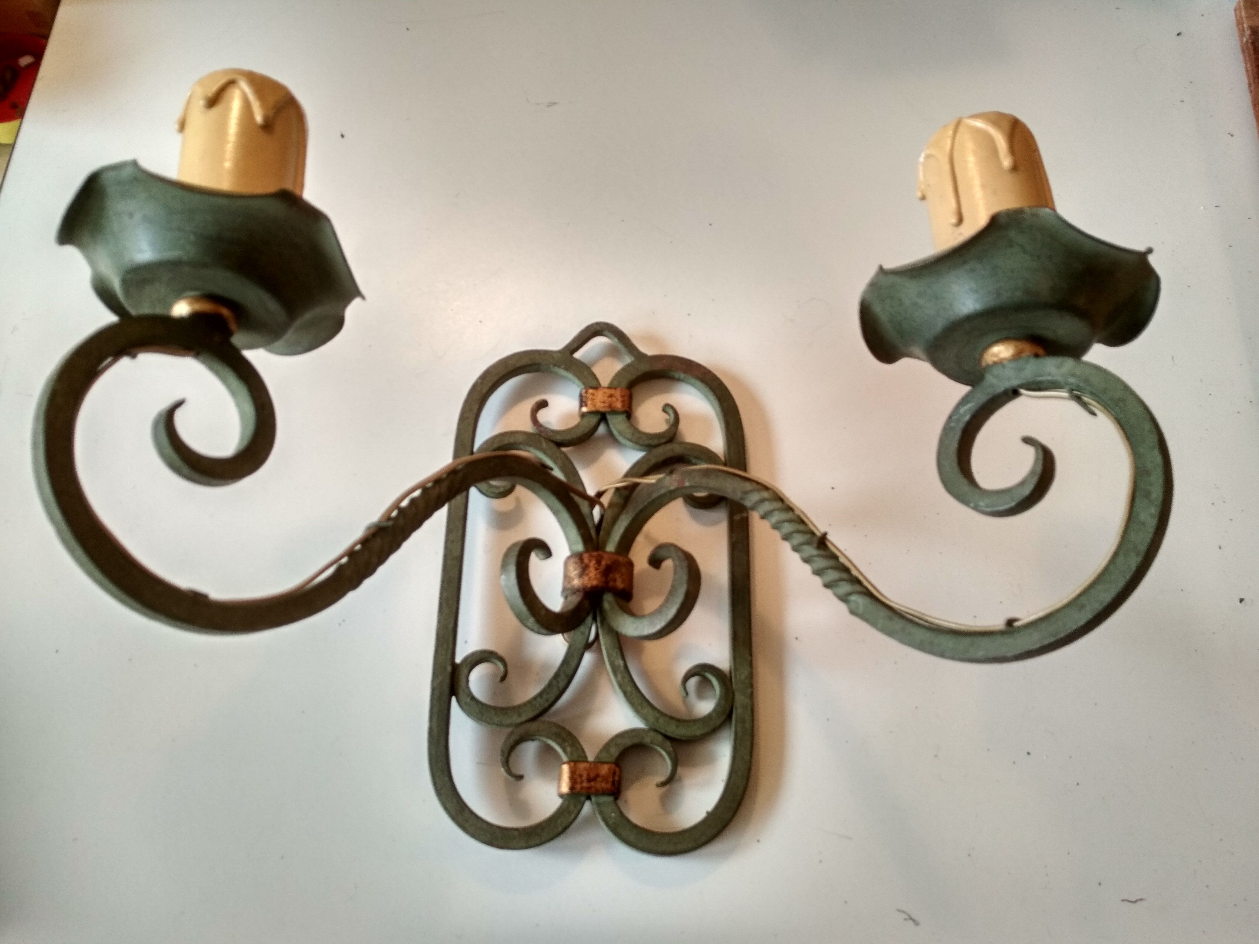 Pair of old wrought iron sconces patina green and gold - 2 lights