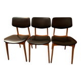 Set of 3 Stella chairs in beech and black imitation leather from the 50s/60s