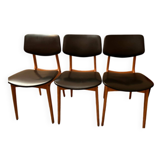 Set of 3 Stella chairs in beech and black imitation leather from the 50s/60s