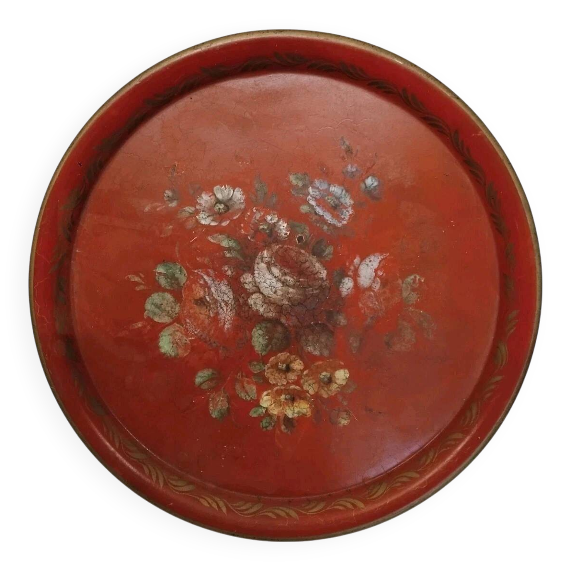 Antique Napoleon III Round Sheet Metal Tray - Flower Painting