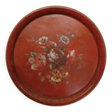 Ancien Plateau Rond En Tôle Napoléon III -Peinture Fleur