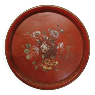 Ancien Plateau Rond En Tôle Napoléon III -Peinture Fleur